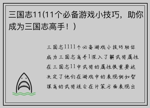 三国志11(11个必备游戏小技巧，助你成为三国志高手！)
